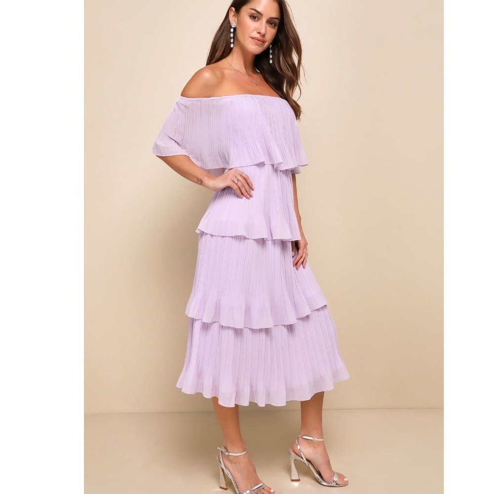 Lulus NEW Gala Ready Lavender Off-the-Shoulder Ruffle Midi Dress LARGE - Picture 4 of 10